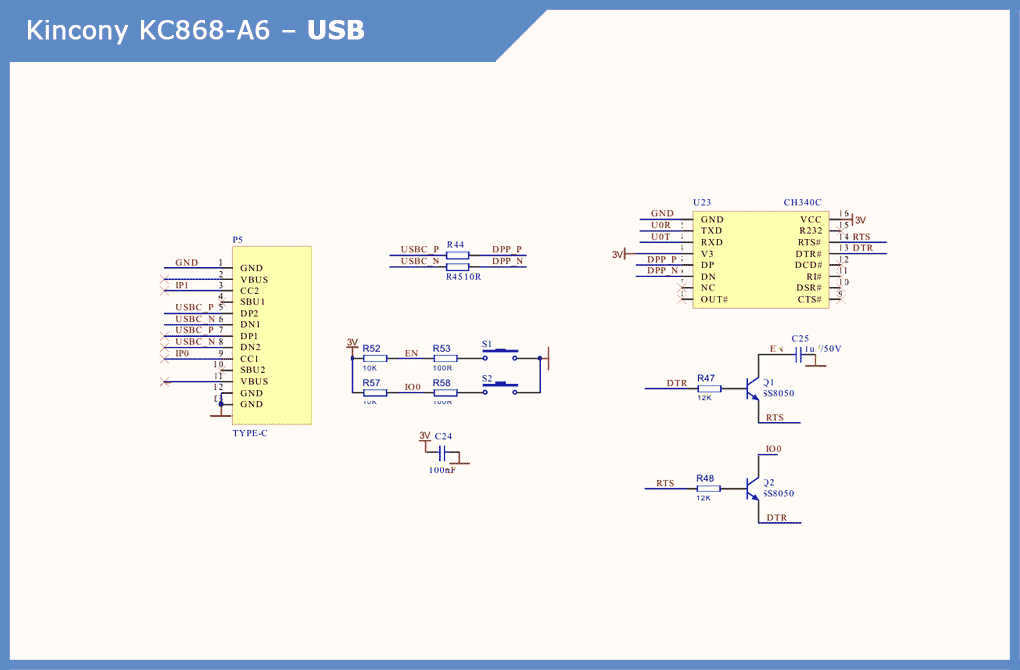 Принципова схема USB KC868-A6: роз'єм Type-C з непідключеним VBUS, міст CH340C на 3.3 В, транзистори авто-скидання DTR/RTS, кнопки S1 і S2